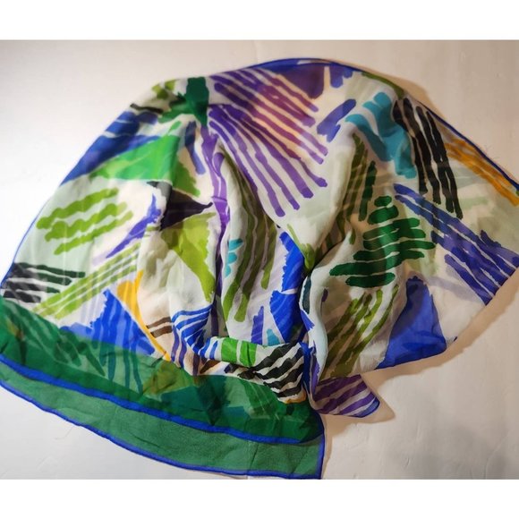 Vintage Bill Blass Blue White Purple Abstract Silk Neck Scarf Wrap turned hem 19 - Picture 3 of 5